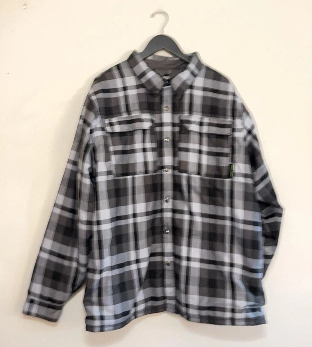 Under Armour Puffer Jacket Mens 2XL Gray Plaid Flannel Lined Snap Front Shacket